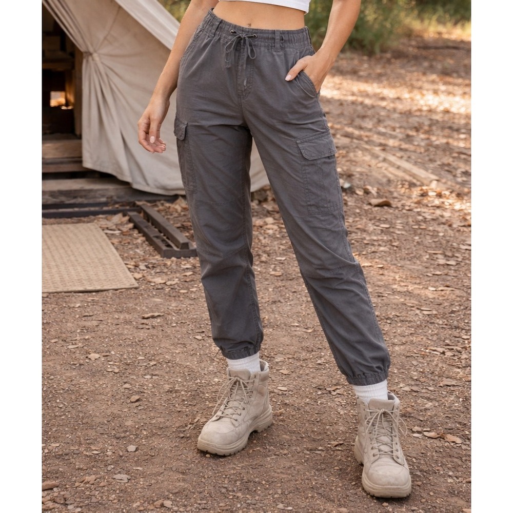HM Womens Regular Fit Cargo Pants Gray Elastic Waist Size Small Utility Gorpcore